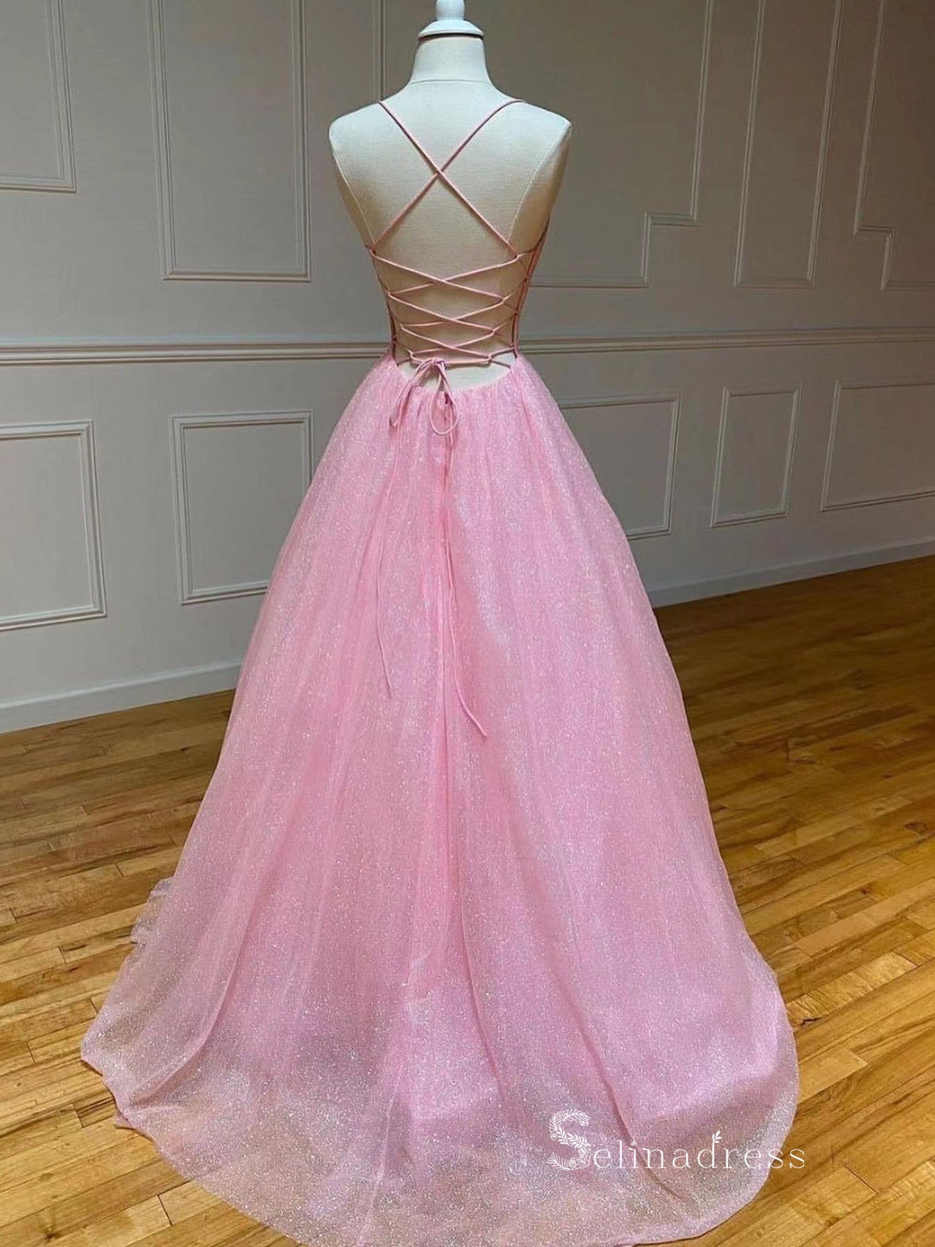 Chic A-line Spaghetti Straps Pink Long Prom Dresses Sparkly Evening Dress MLK032|Selinadress