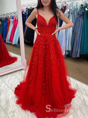 Chic A-line Spaghetti Straps Red Applique Long Prom Dresses Beautiful Evening Dresses MLH1224|Selinadress