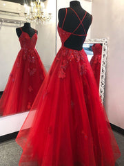 Chic A-line Spaghetti Straps Red Prom Dresses Long Beaded Formal Evening Gowns CBD022