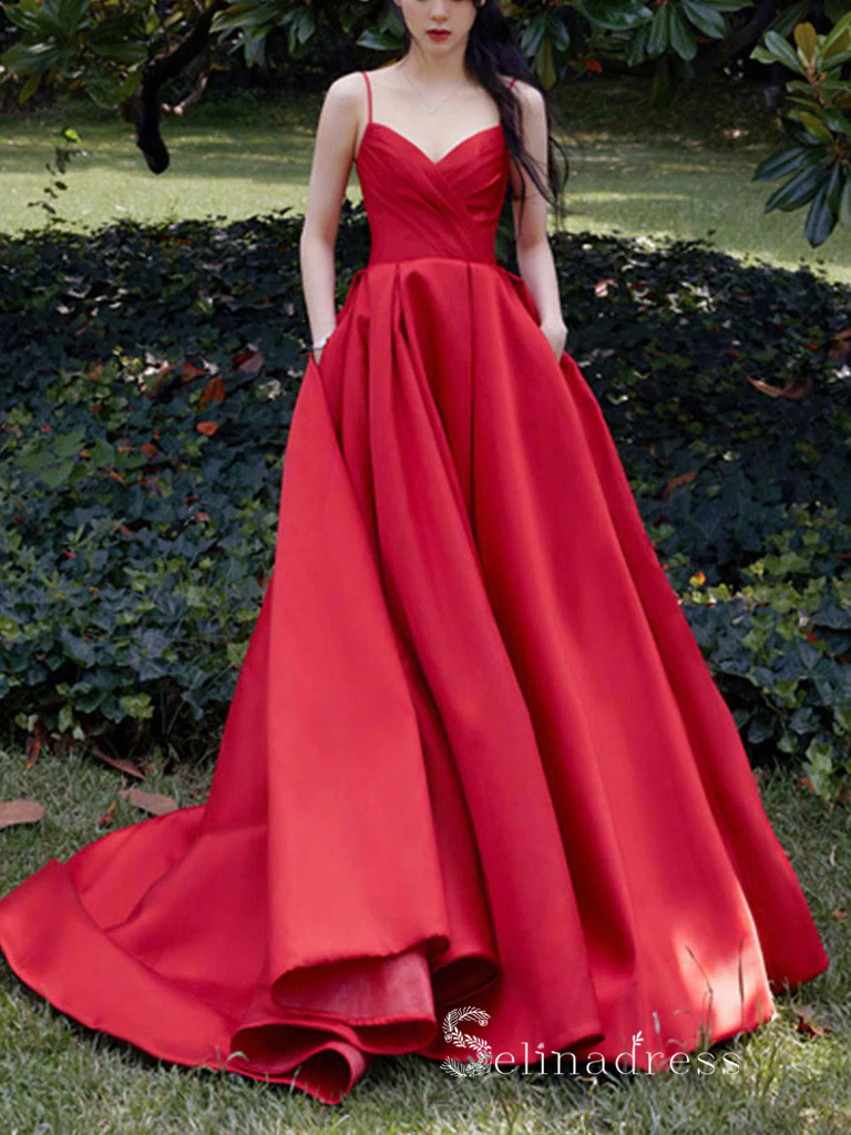 Chic A-line Spaghetti Straps Red Simple Long Prom Dresses Satin Evening Dresses MLH1225|Selinadress