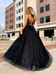 Chic A-line Spaghetti Straps Sparkly Long Prom Dresses Black Evening Dress MLK025|Selinadress