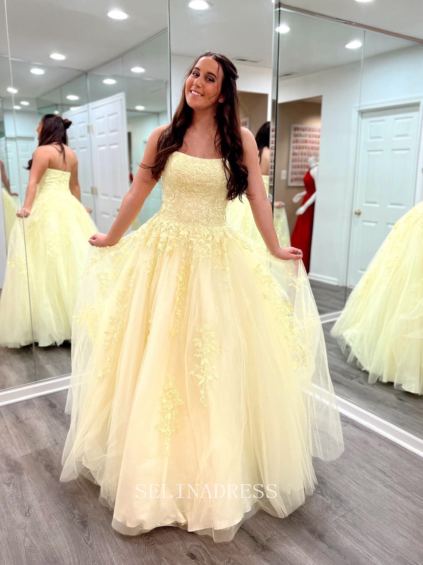 Chic A-Line Spaghetti Straps Yellow Lace Prom Dress Elegant Party Dress #LOP002|Selinadress