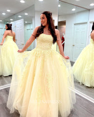 Chic A-Line Spaghetti Straps Yellow Lace Prom Dress Elegant Party Dress #LOP002|Selinadress