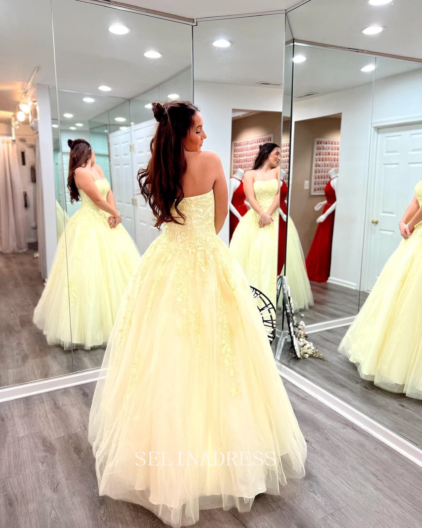 Chic A-Line Spaghetti Straps Yellow Lace Prom Dress Elegant Party Dress #LOP002|Selinadress