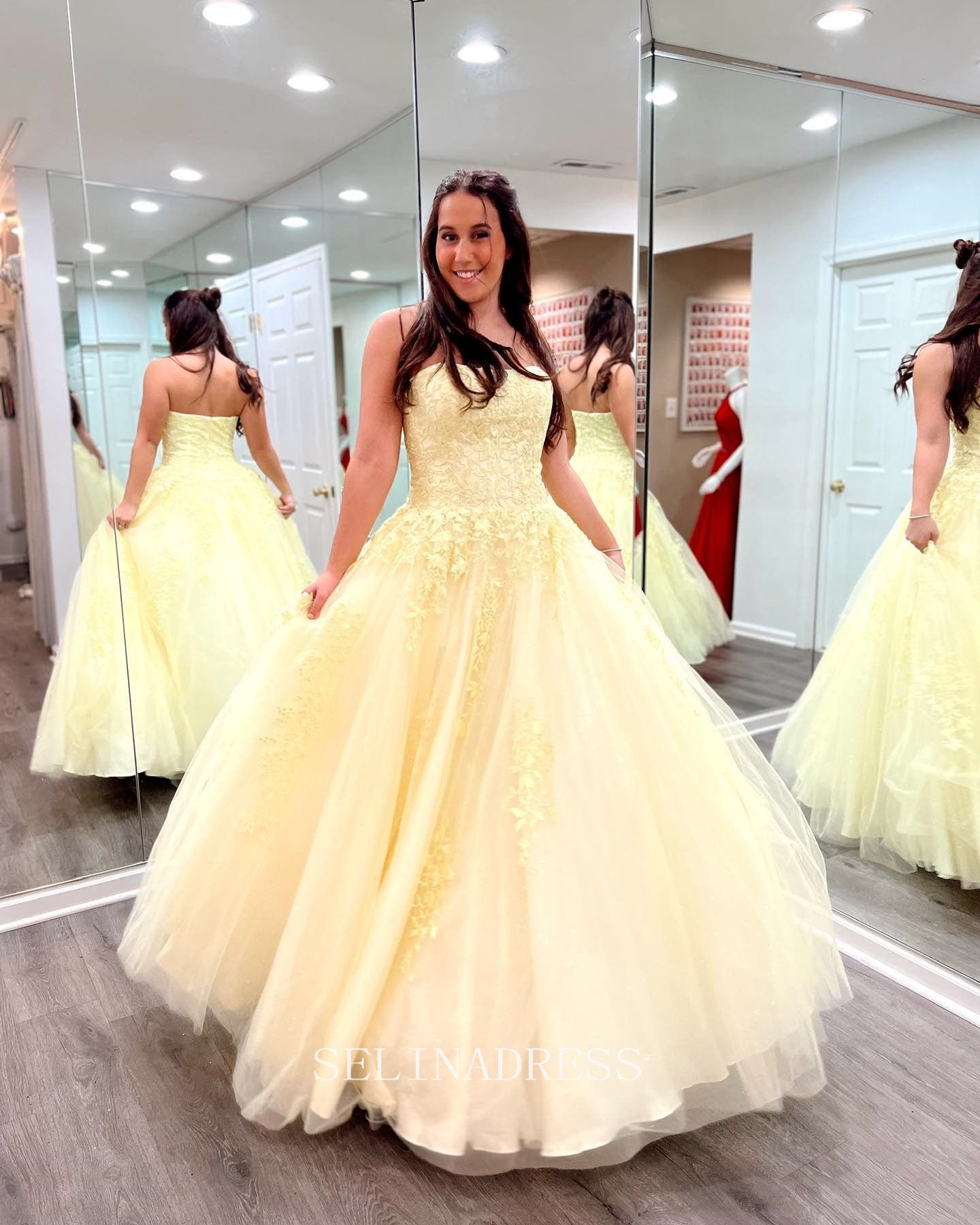 Chic A-Line Spaghetti Straps Yellow Lace Prom Dress Elegant Party Dress #LOP002|Selinadress