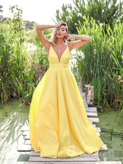 Chic A-line Spaghetti Straps Yellow Long Prom Dresses Satin Evening Gowns CBD291|Selinadress