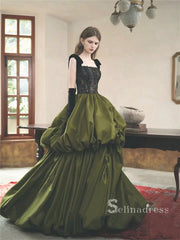 Chic A-line Square Green Long Prom Dresses Unique Lace Evening Dress MSK008|Selinadress