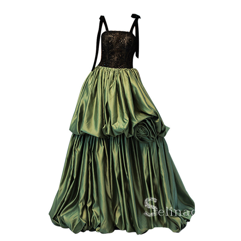 Chic A-line Square Green Long Prom Dresses Unique Lace Evening Dress MSK008|Selinadress