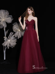 Chic A-line Straples Burgundy Unique Long Prom Dresses Detachable shawl Formal Gowns CBD119