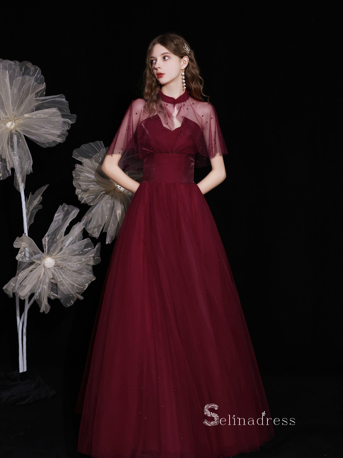 Chic A-line Straples Burgundy Unique Long Prom Dresses Detachable shawl Formal Gowns CBD119