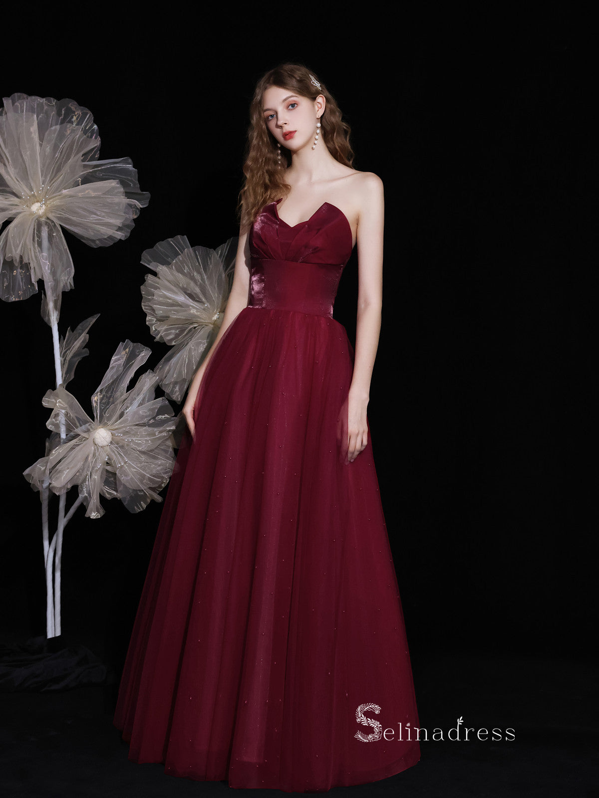 Chic A-line Straples Burgundy Unique Long Prom Dresses Detachable shawl Formal Gowns CBD119