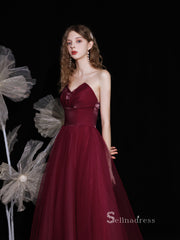 Chic A-line Straples Burgundy Unique Long Prom Dresses Detachable shawl Formal Gowns CBD119