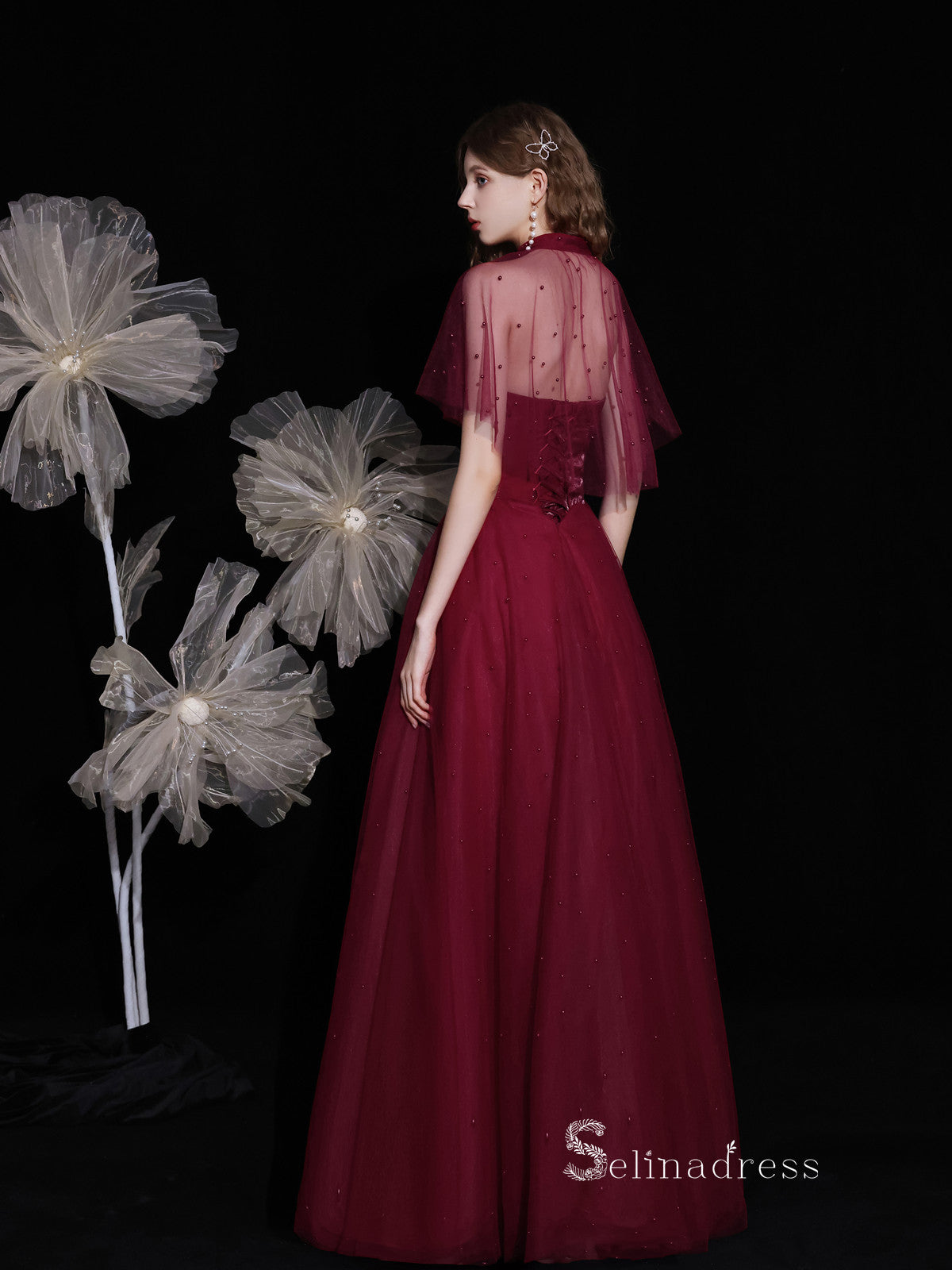 Chic A-line Straples Burgundy Unique Long Prom Dresses Detachable shawl Formal Gowns CBD119