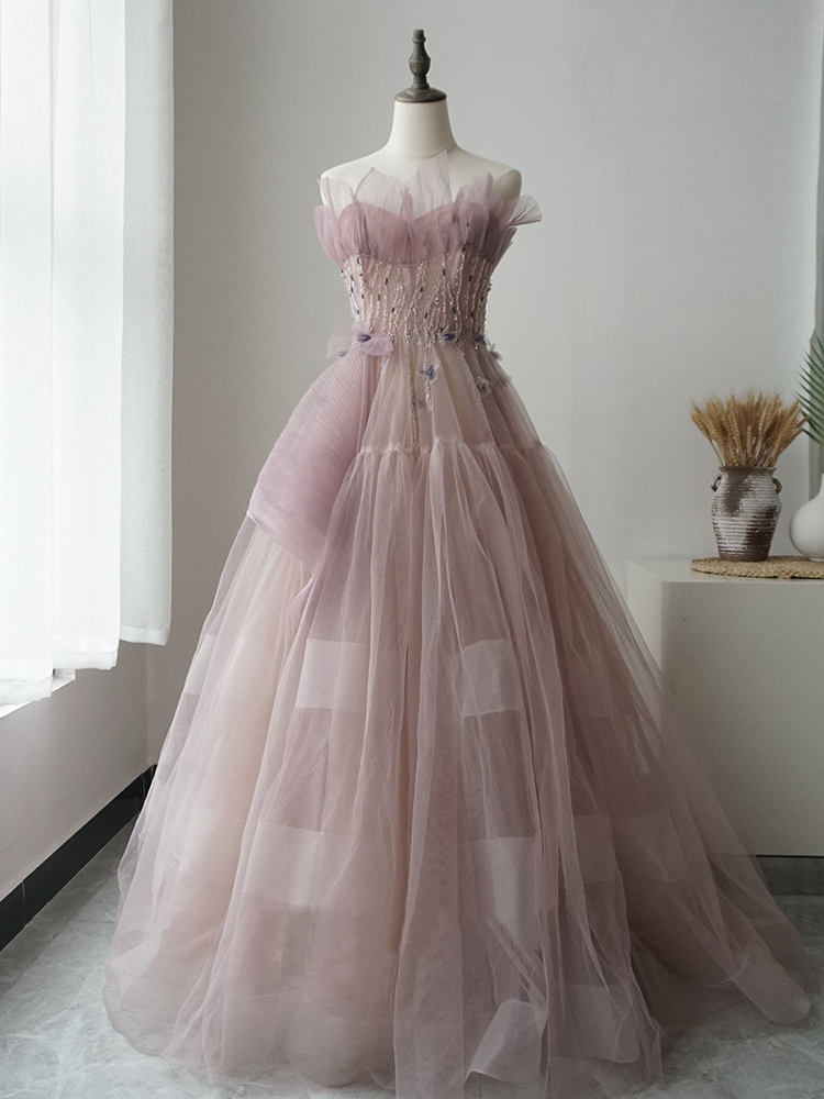 Chic A-line Strapless Beaded Pink Long Prom Dress Fantasy Princess Evening Dress ASB010|Selinadress