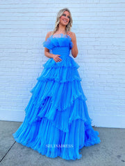 Chic A-line Strapless Blue Lyered Long Prom Dress Elegant Party Dress #lop241|Selinadress