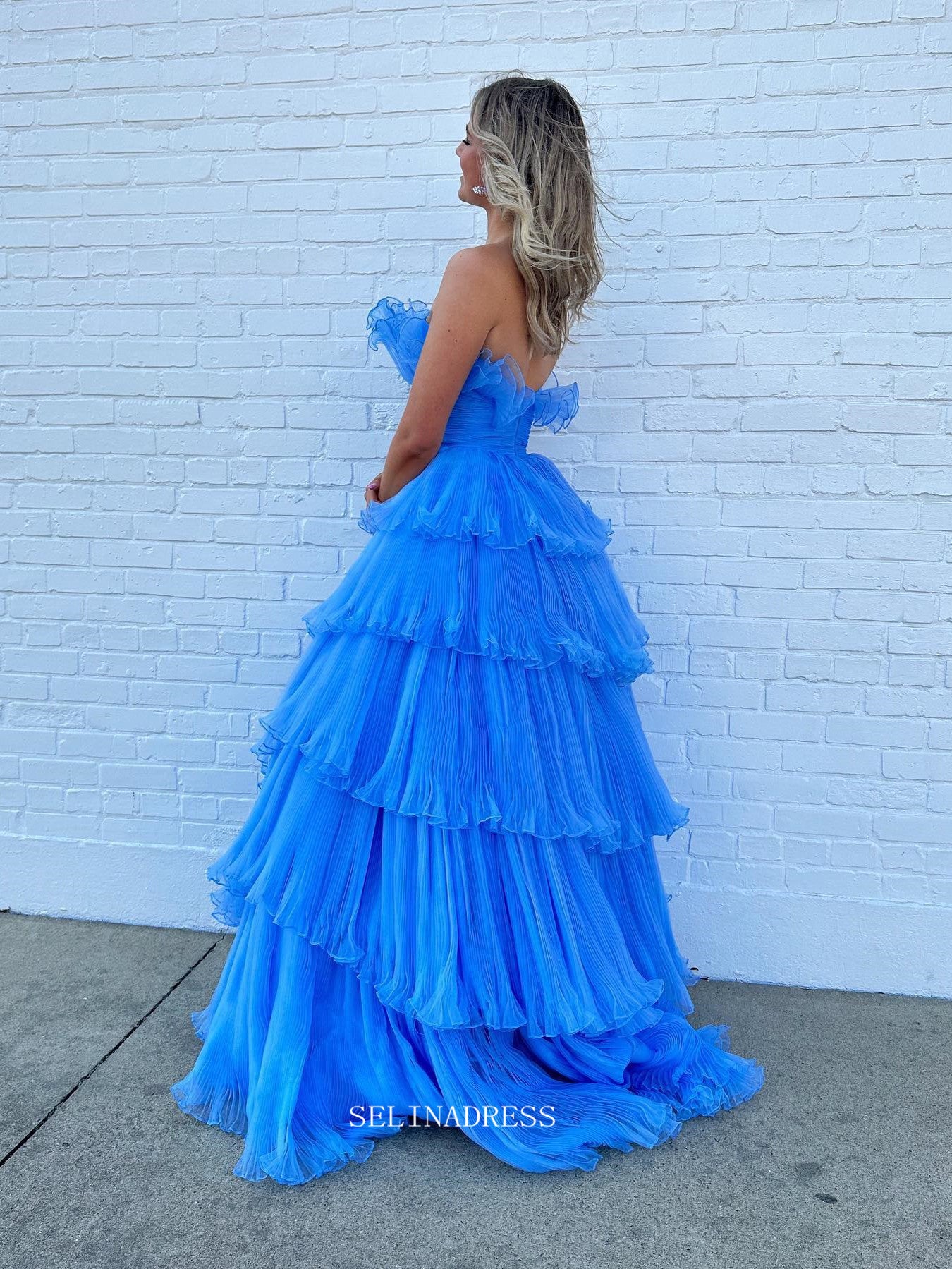 Chic A-line Strapless Blue Lyered Long Prom Dress Elegant Party Dress #lop241|Selinadress