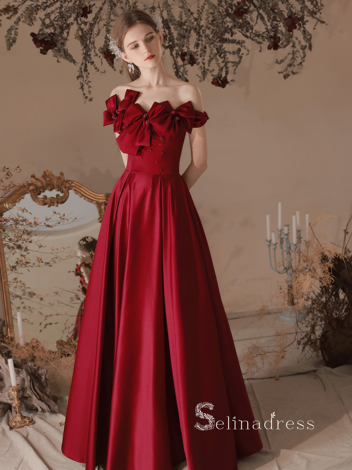 Chic A-line Strapless Burgundy Long Prom Dress Cheap Satin Evening Gowns JKR013|Selinadress