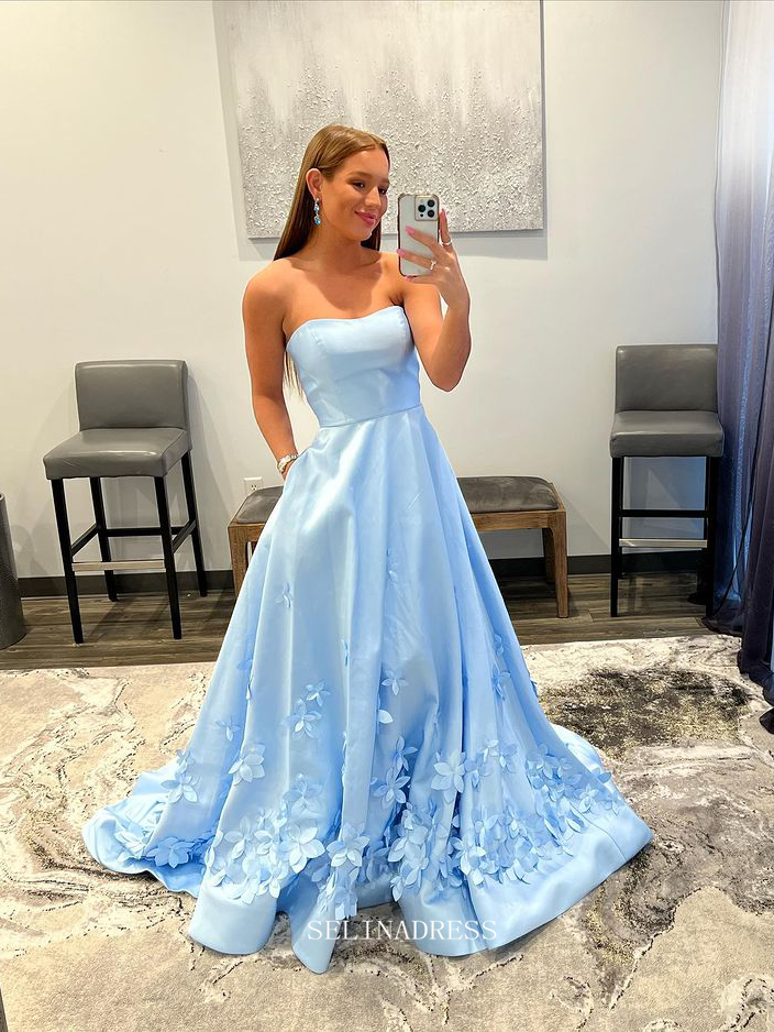 Chic A-line Strapless Light Sky Blue Long Prom Dresses Simple Satin Evening Dresses Pageant Dress TKL069|Selinadress