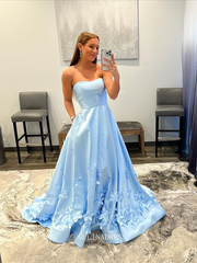 Chic A-line Strapless Light Sky Blue Long Prom Dresses Simple Satin Evening Dresses Pageant Dress TKL069|Selinadress