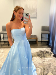 Chic A-line Strapless Light Sky Blue Long Prom Dresses Simple Satin Evening Dresses Pageant Dress TKL069|Selinadress