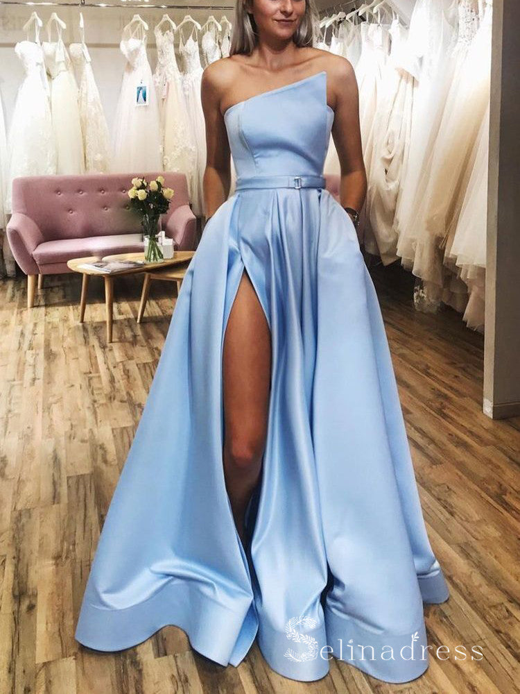 Chic A line Strapless Light Sky Blue Satin Long Prom Dresses Cheap Eve SELINADRESS