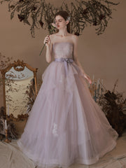 Chic A-line Strapless Lilac Long Prom Dresses Tulle Lace Formal Gowns Evening Dress OSTY061|Selinadress