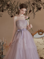 Chic A-line Strapless Lilac Long Prom Dresses Tulle Lace Formal Gowns Evening Dress OSTY061|Selinadress