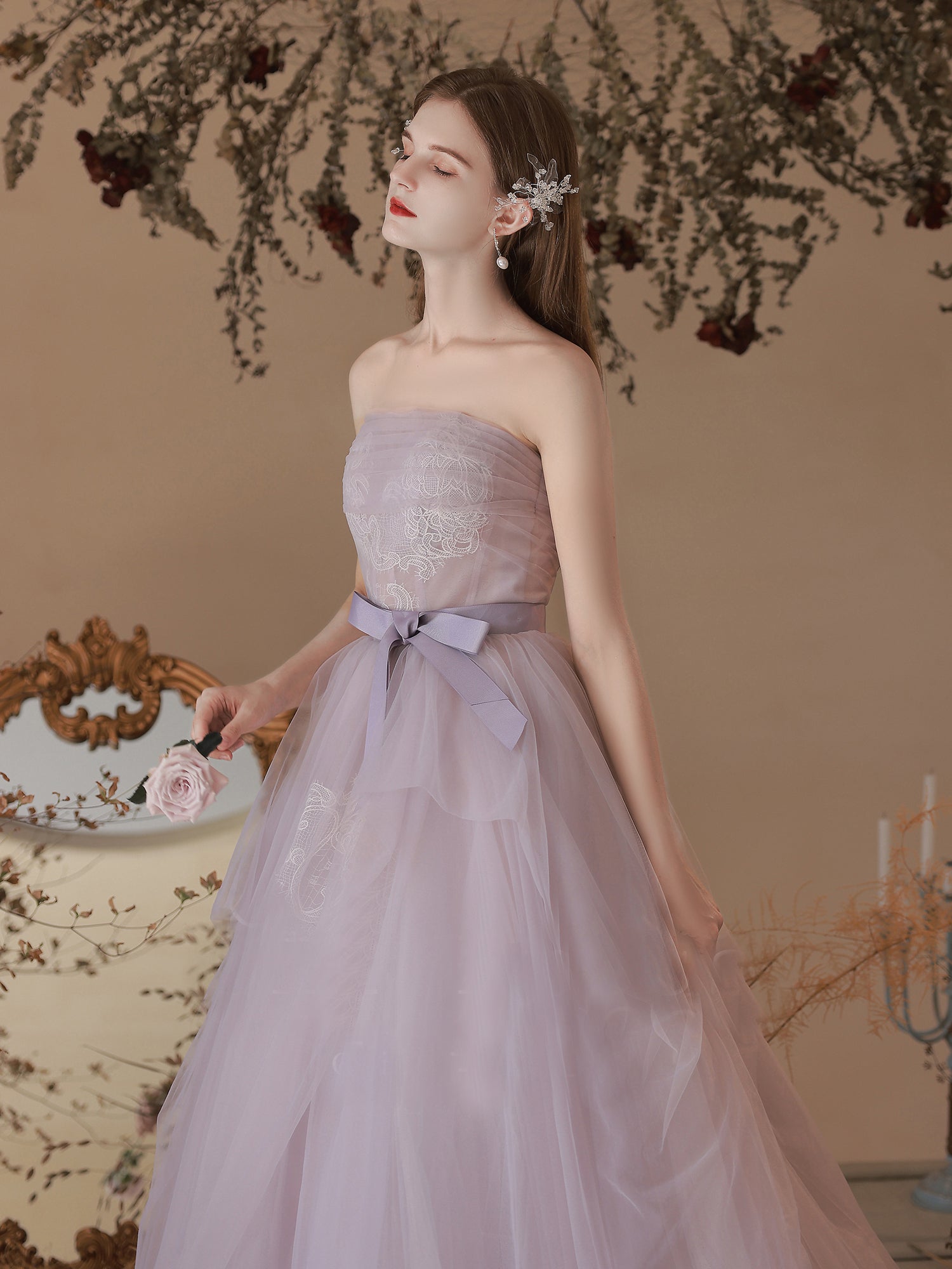 Chic A-line Strapless Lilac Long Prom Dresses Tulle Lace Formal Gowns Evening Dress OSTY061|Selinadress