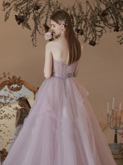 Chic A-line Strapless Lilac Long Prom Dresses Tulle Lace Formal Gowns Evening Dress OSTY061|Selinadress