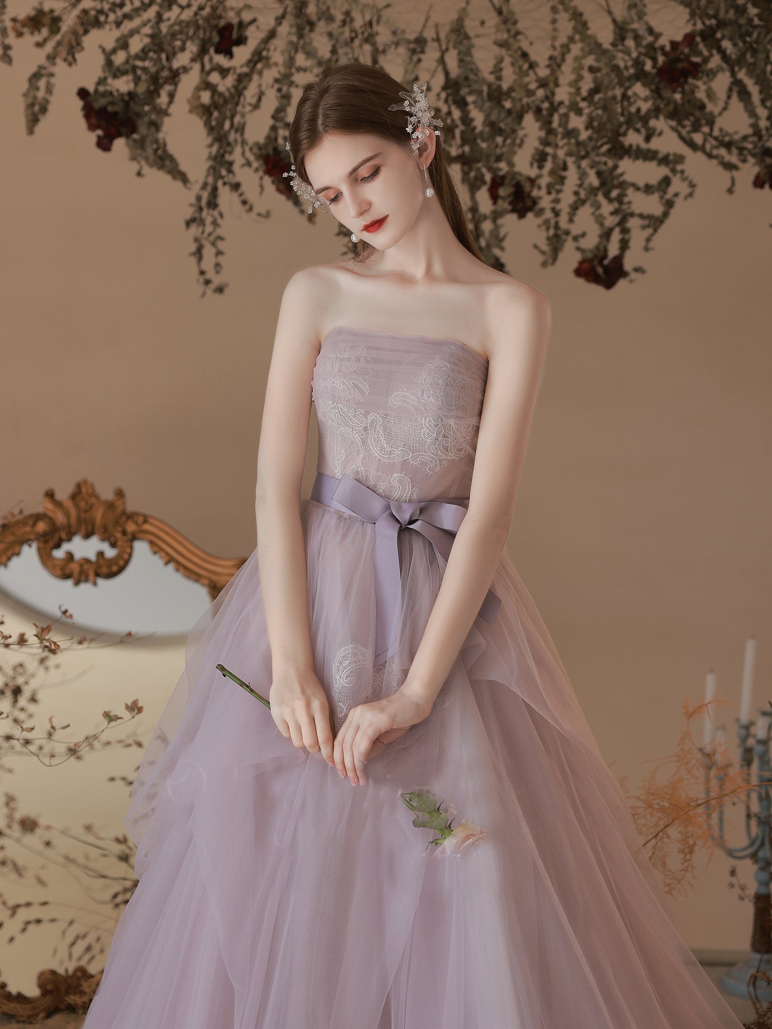 Chic A-line Strapless Lilac Long Prom Dresses Tulle Lace Formal Gowns Evening Dress OSTY061|Selinadress