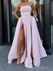 Chic A-line Strapless Pink Long Prom Dresses Satin Evening Dress CBD211