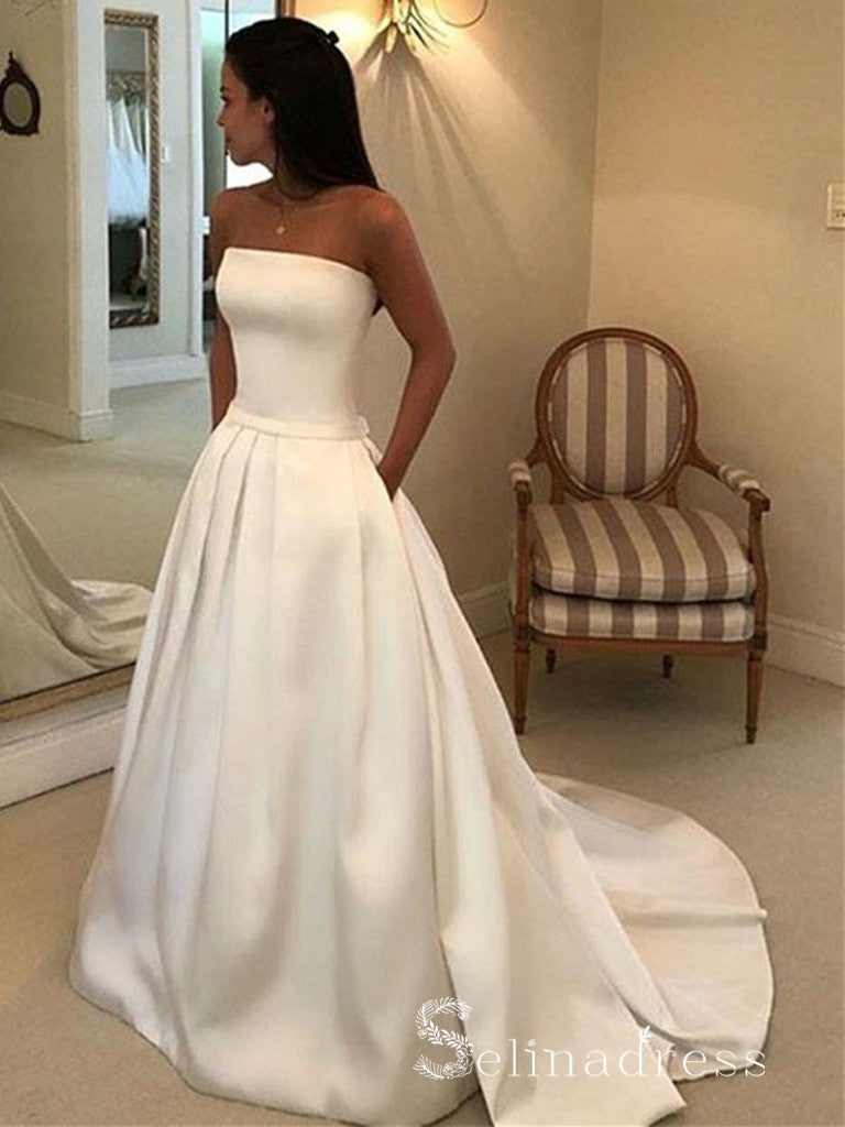 Chic A-line Strapless Satin Sweep Train Wedding Gowns With Pocket CBD226|Selinadress