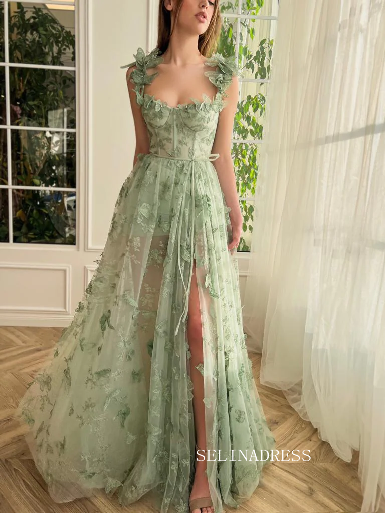 Chic A-line Straps 3D Floral Lace Long Prom Dresses With Embroidery Butterfly Green Evening Dresses jkw232|Selinadress