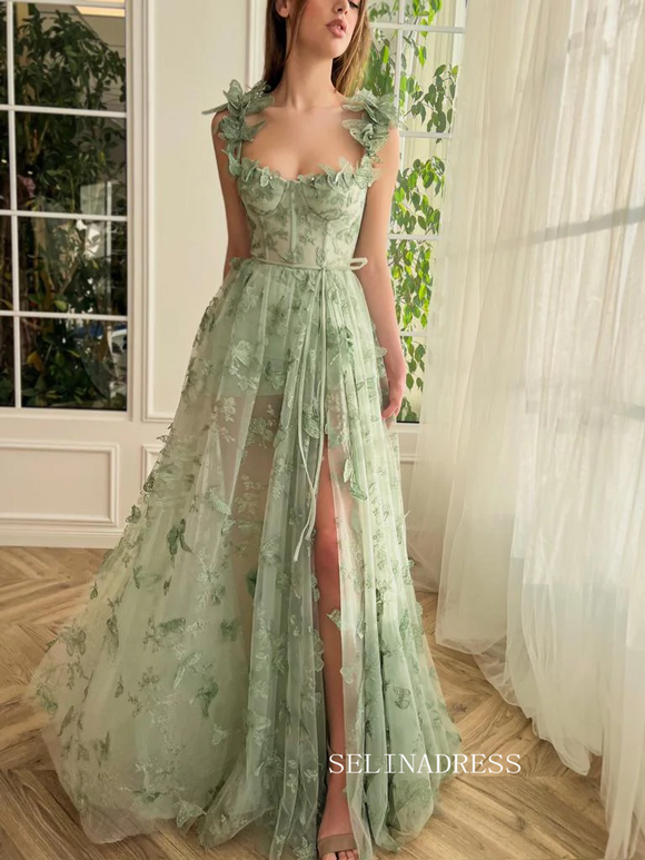 Green A Line Long Sleeves Lace Long Prom Dresses with Leg Slit, Long  Sleeves Green Formal Dresses Lace Evening Dresses