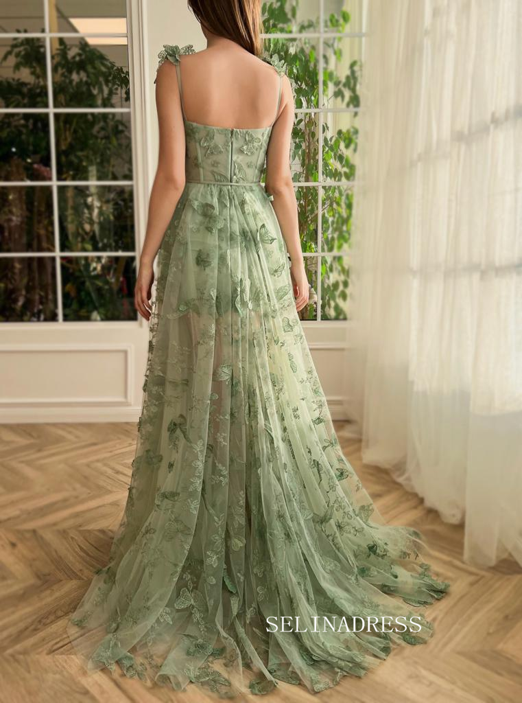 Chic A-line Straps 3D Floral Lace Long Prom Dresses With Embroidery Butterfly Green Evening Dresses jkw232|Selinadress