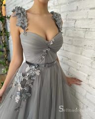 Chic A-line Straps Ankle-length Cheap Prom Dresses Gray Evening Dresses MLH1998|Selinadress