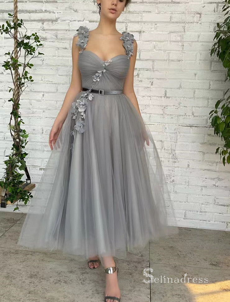 Chic A-line Straps Ankle-length Cheap Prom Dresses Gray Evening Dresses MLH1998|Selinadress