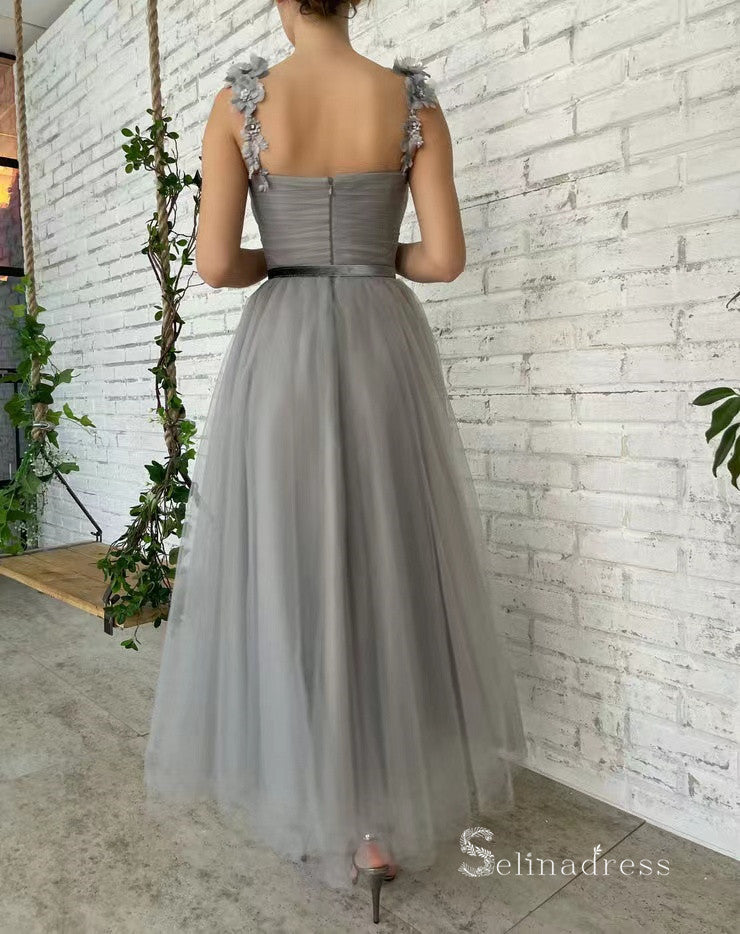 Chic A-line Straps Ankle-length Cheap Prom Dresses Gray Evening Dresses MLH1998|Selinadress