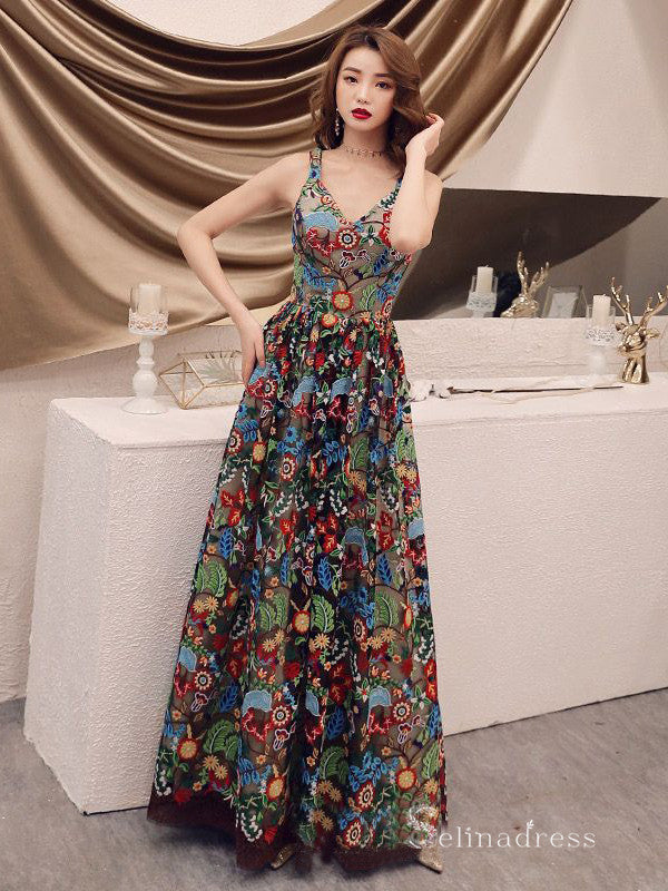 Chic A line Straps Floral Long Prom Dresses Boho Embroidery Lace Forma SELINADRESS