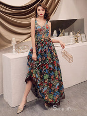 Chic A-line Straps Floral Long Prom Dresses Boho Embroidery Lace Formal Gowns CBD212