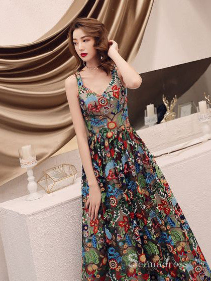 Chic A-line Straps Floral Long Prom Dresses Boho Embroidery Lace Formal Gowns CBD212