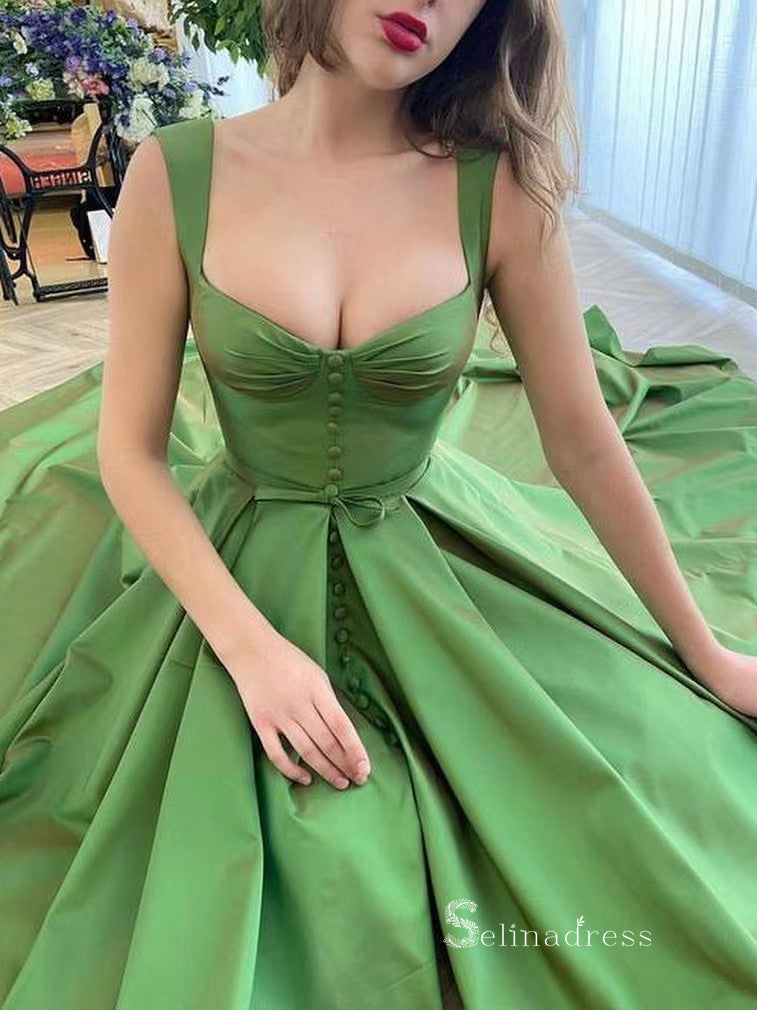 Chic A-line Straps Green Simple Long Prom Dresses Satin Evening Dress MLK033|Selinadress