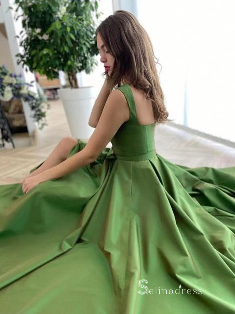 Chic A-line Straps Green Simple Long Prom Dresses Satin Evening Dress MLK033|Selinadress