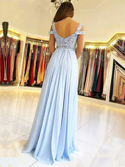 Chic A-line Straps Light Sky Blue Long Prom Dresses Lace Evening Gowns MHL2867|Selinadress