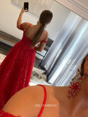 Chic A-line Straps Red Long Prom Dresses Applique Beaded Long Evening Dress Formal Dresses TKL074|Selinadress