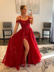 Chic A-line Straps Red Long Prom Dresses Applique Beaded Long Evening Dress Formal Dresses TKL074|Selinadress