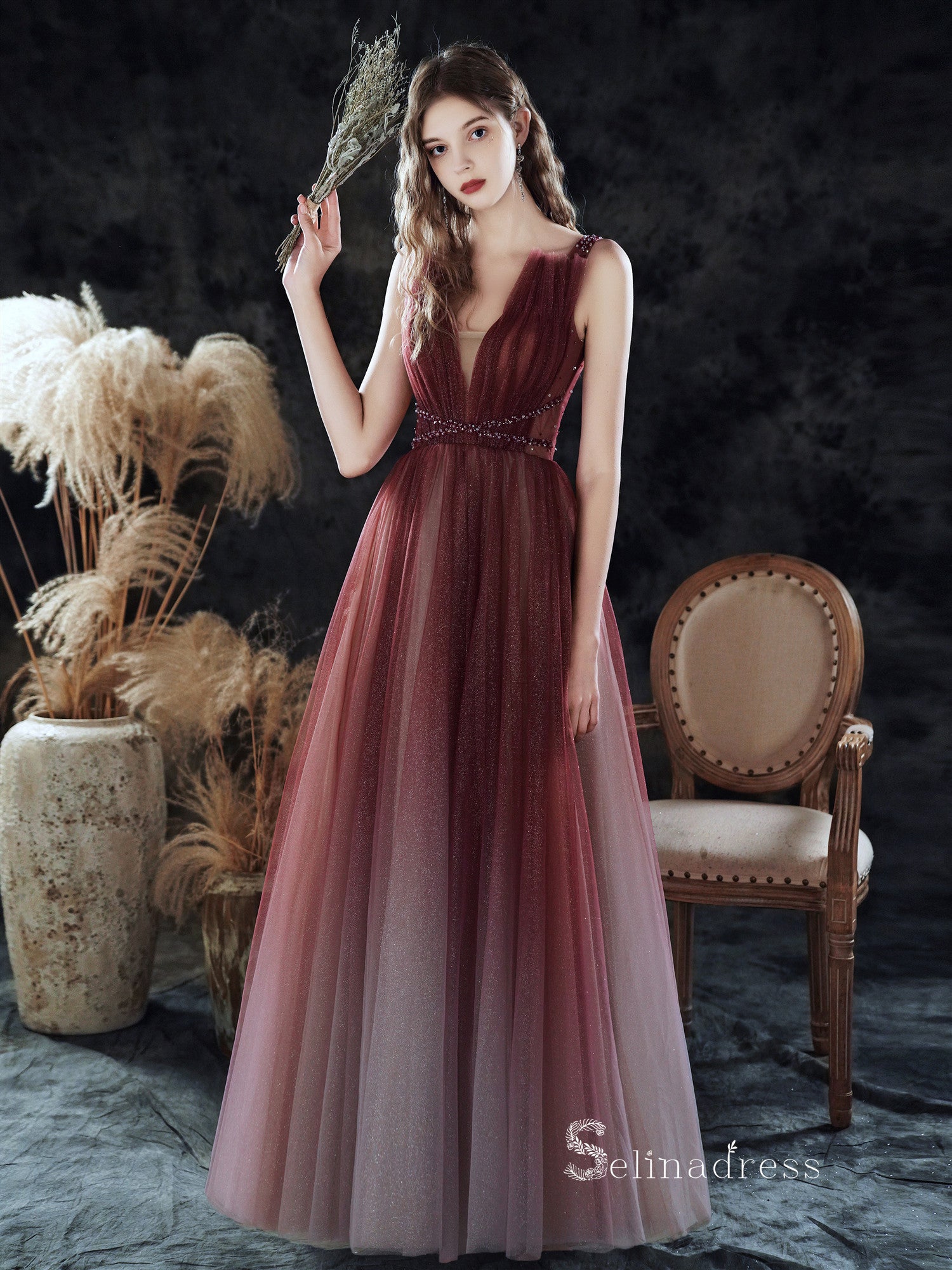 Chic A-line Straps Unique Long Prom Dresses Burgundy Formal Gowns CBD126