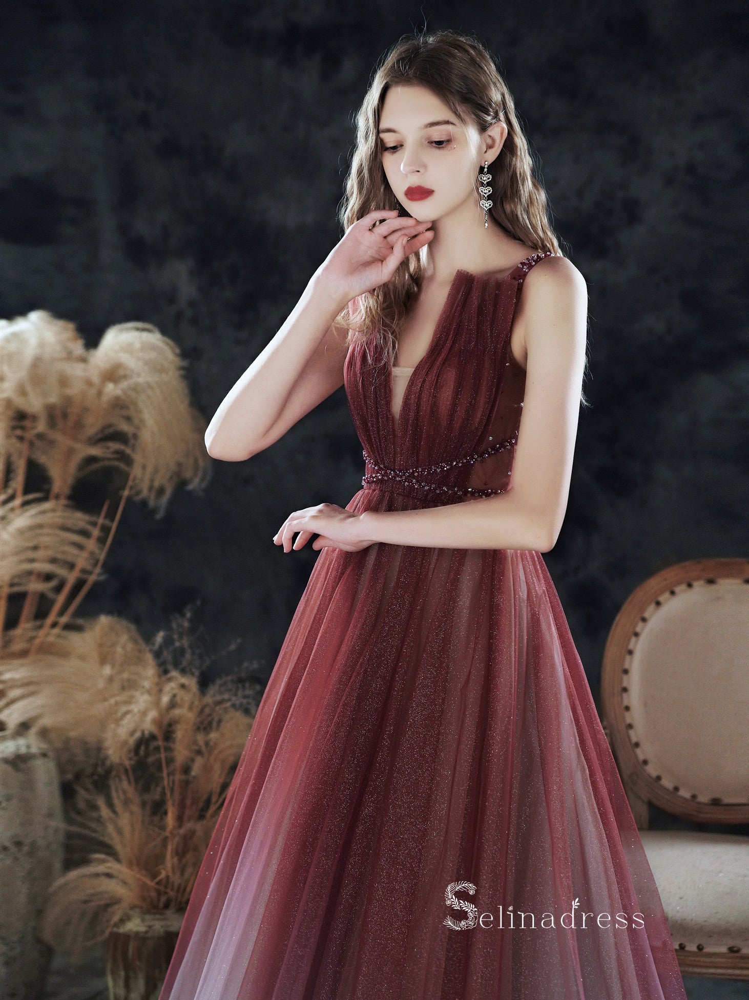 Chic A-line Straps Unique Long Prom Dresses Burgundy Formal Gowns CBD126