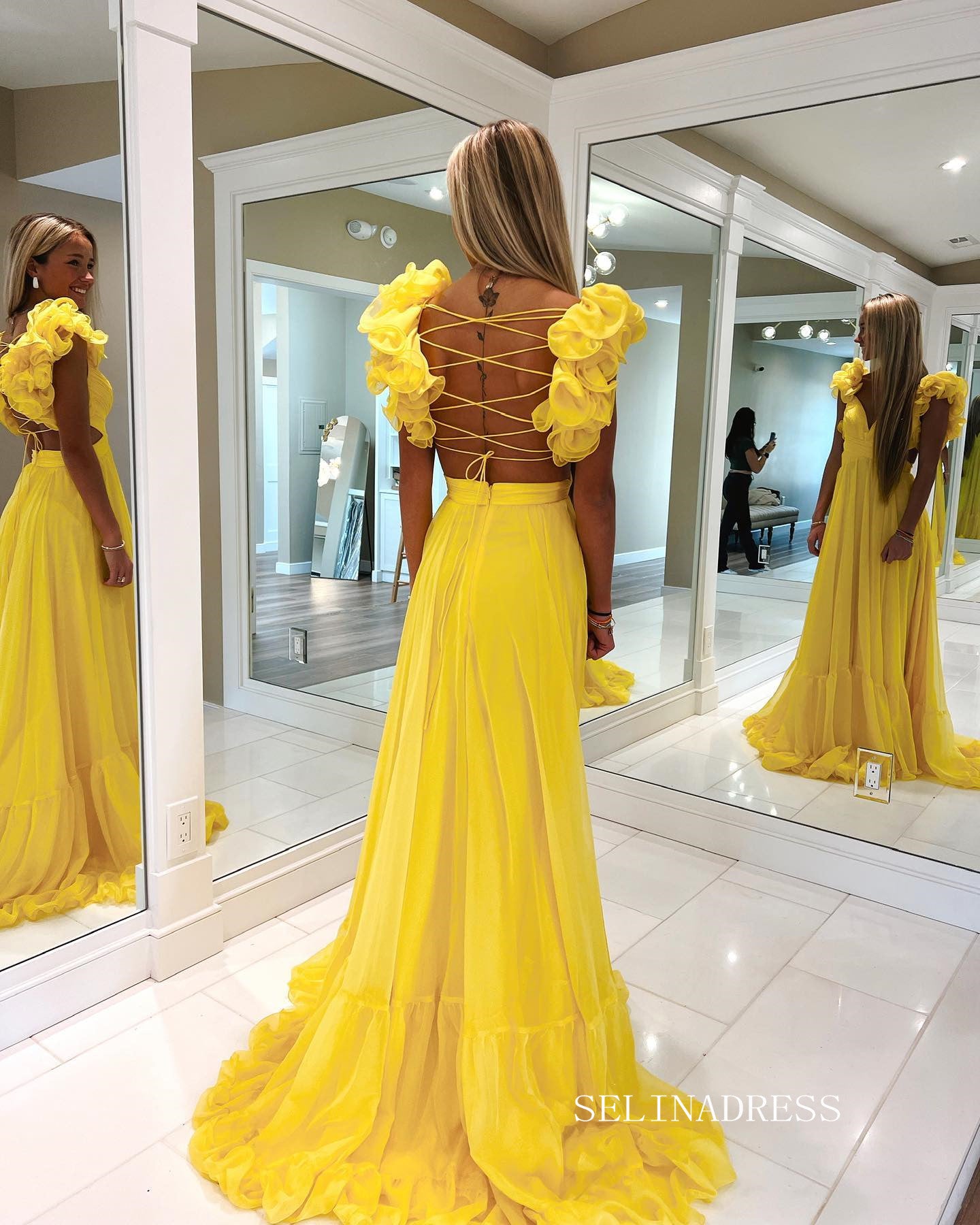 Chic A-line Straps Yellow Long Prom Dress Chiffon Elegant Party Dress #LOP801|Selinadress