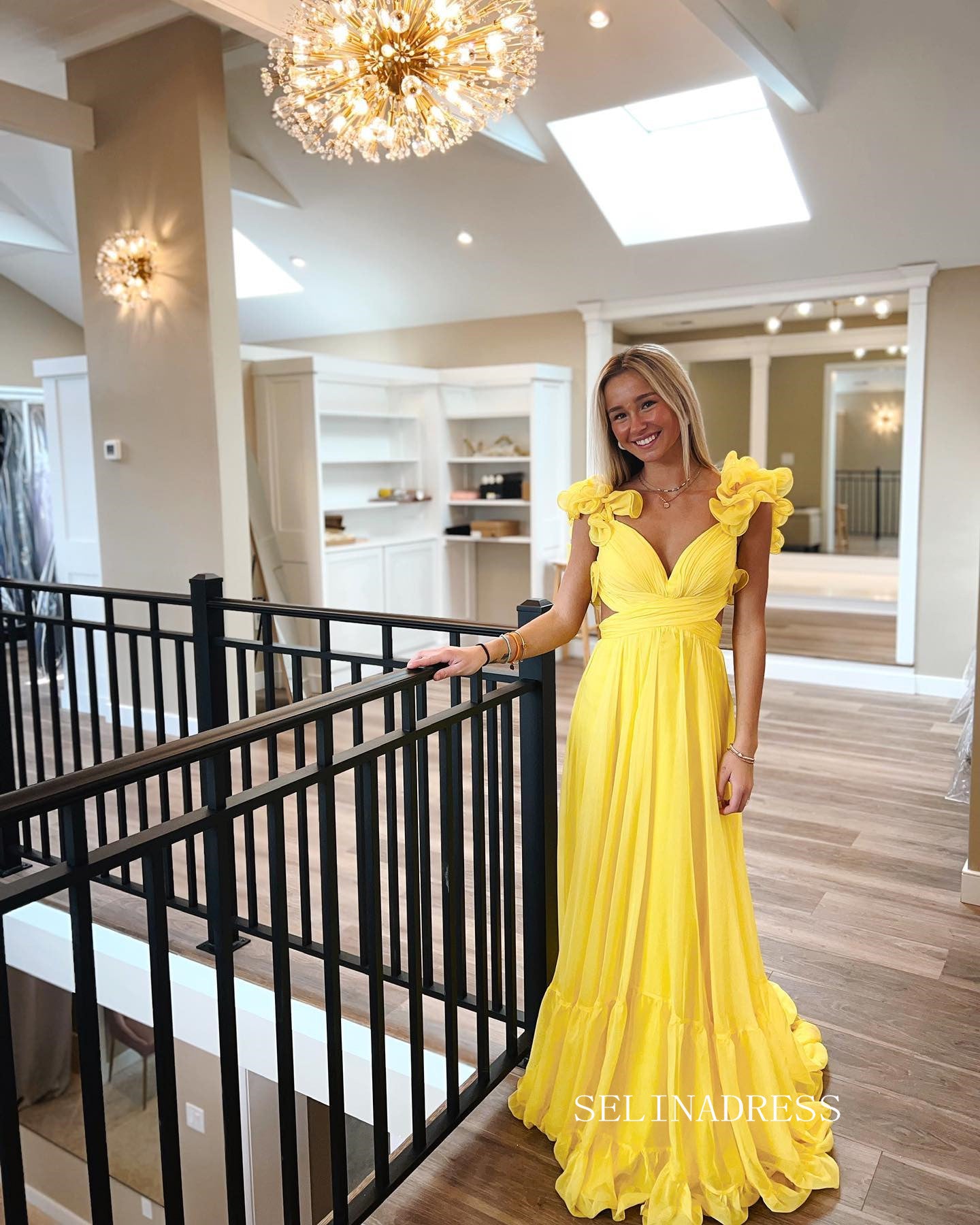 Chic A-line Straps Yellow Long Prom Dress Chiffon Elegant Party Dress #LOP801|Selinadress